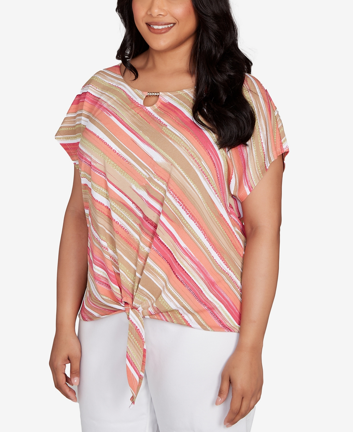 Hearts Of Palm Plus Size Printed Crinkle Tie Front Top
