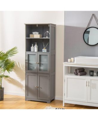 6-Tier Freestanding Bathroom Cabinet with 2 Open Compartments and Adjustable Shelves