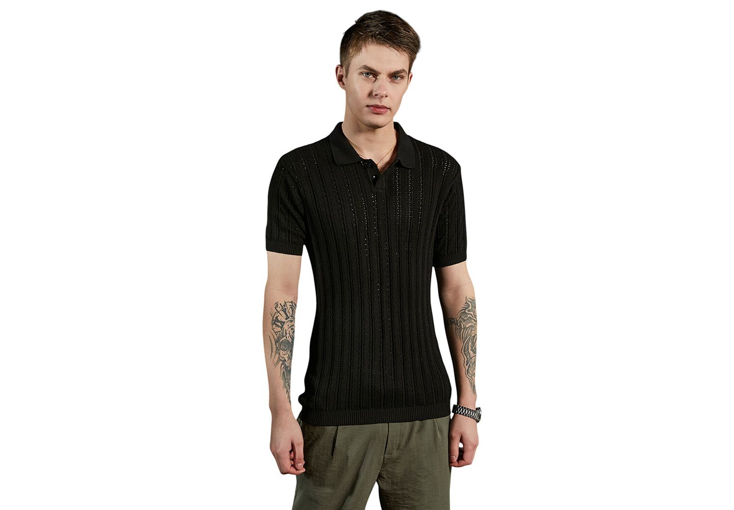 Мужская футболка Cahoot Campus Sutra Obsidian Black Stripe-Textured Polo, цвет: Чёрный — фото 4