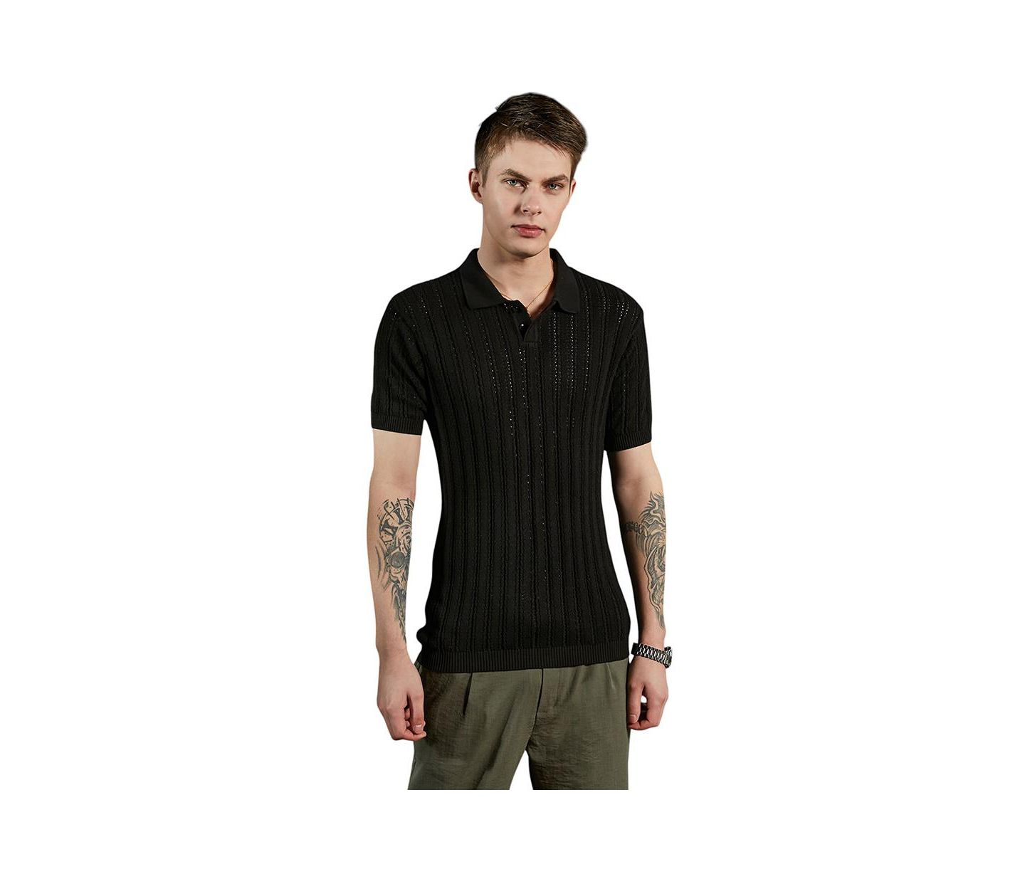 Мужская футболка Cahoot Campus Sutra Obsidian Black Stripe-Textured Polo, цвет: Чёрный — фото 1