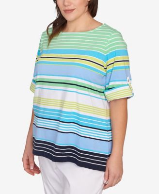 Plus Size Multi Stripe Roll Tab Top