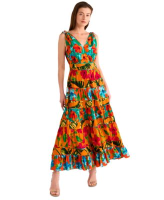 Vince Camuto - Women's Floral-Print Tiered Deep V-Neck Dress