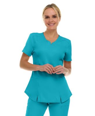 Women's Scrubs V-Neck Notch Fashion Stretch Scrub Top with Two Pockets, Flex Easy Care Fabric, Bubble Gum, Large
