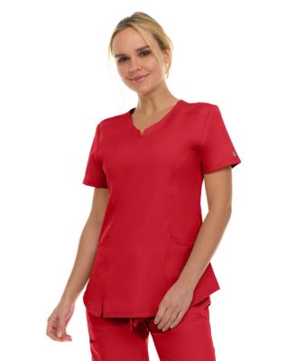 Women's Scrubs V-Neck Notch Fashion Stretch Scrub Top with Two Pockets, Flex Easy Care Fabric, Bubble Gum, Large