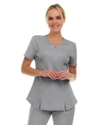 Women's Scrubs V-Neck Notch Fashion Stretch Scrub Top with Two Pockets, Flex Easy Care Fabric, Bubble Gum, Large