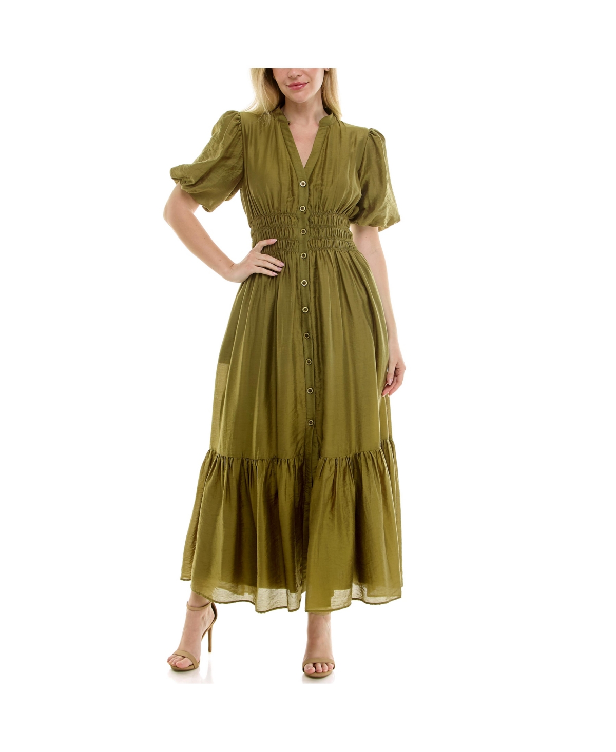 Women's Split-Neck Puff-Sleeve Fit & Flare Dress - Urban Olive