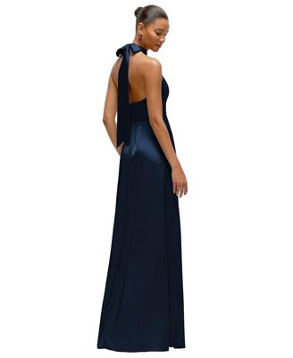 Women's Band Collar Halter Open Back Fluid Satin Maxi Dress with Self-Tie Bow