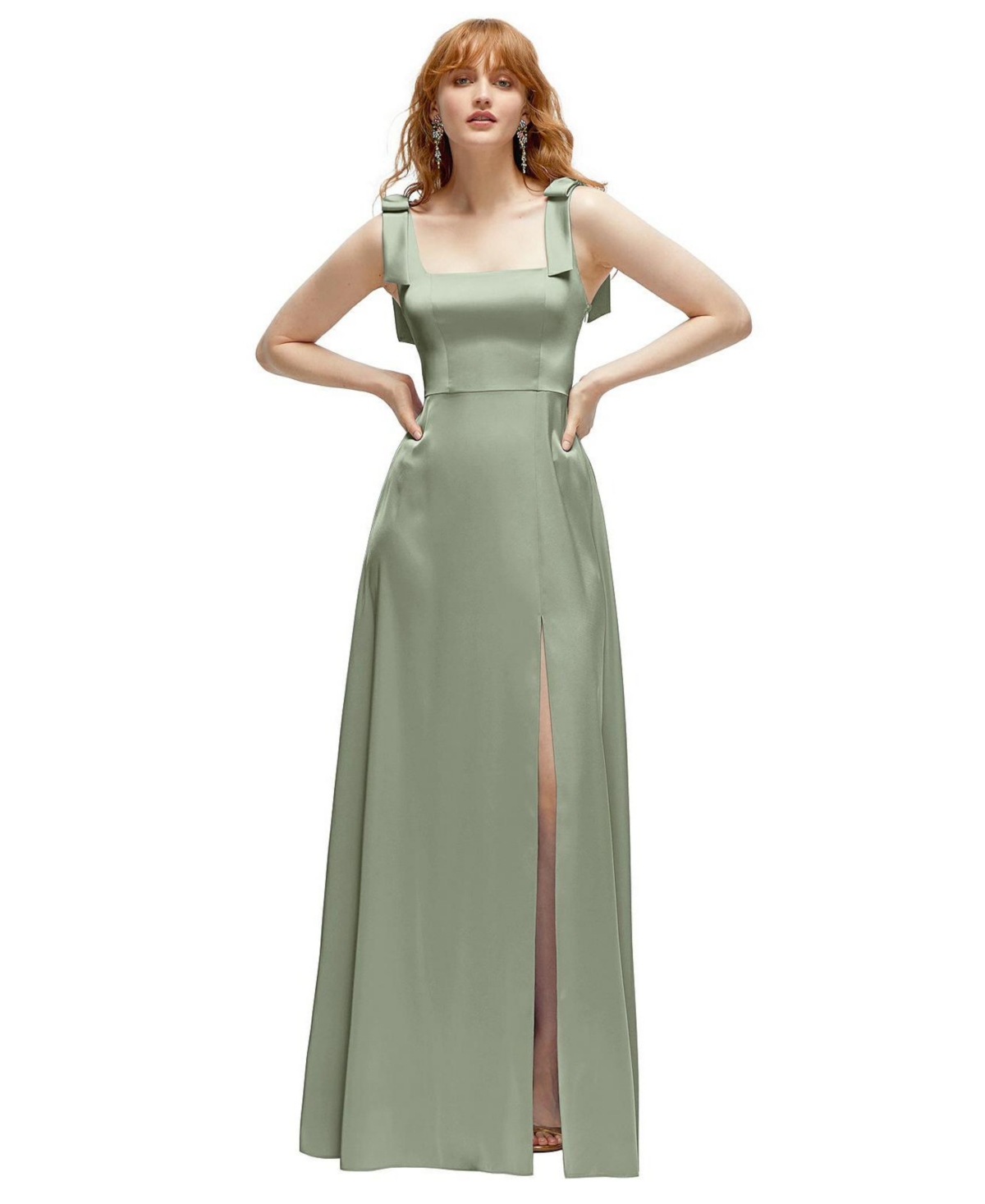 Plus Size Square Neck Fluid Satin Maxi Dress with Bow Straps - Cloudy