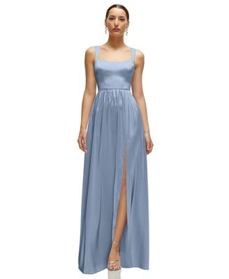 Women's Shaped Strap Portrait Neckline Fluid Satin Maxi Dress with Full Skirt