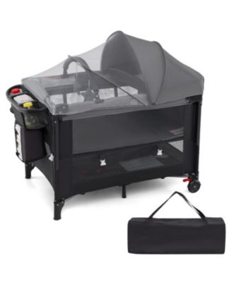 Kids Foldable Bassinet with 4-Level Adjustable Changing Table & Plush Mattress