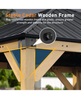 10 x 10 ft Wooden Frame Gazebo with Galvanized Metal Hardtop Roof, Outdoor Patio Gazebo with Charging Socket