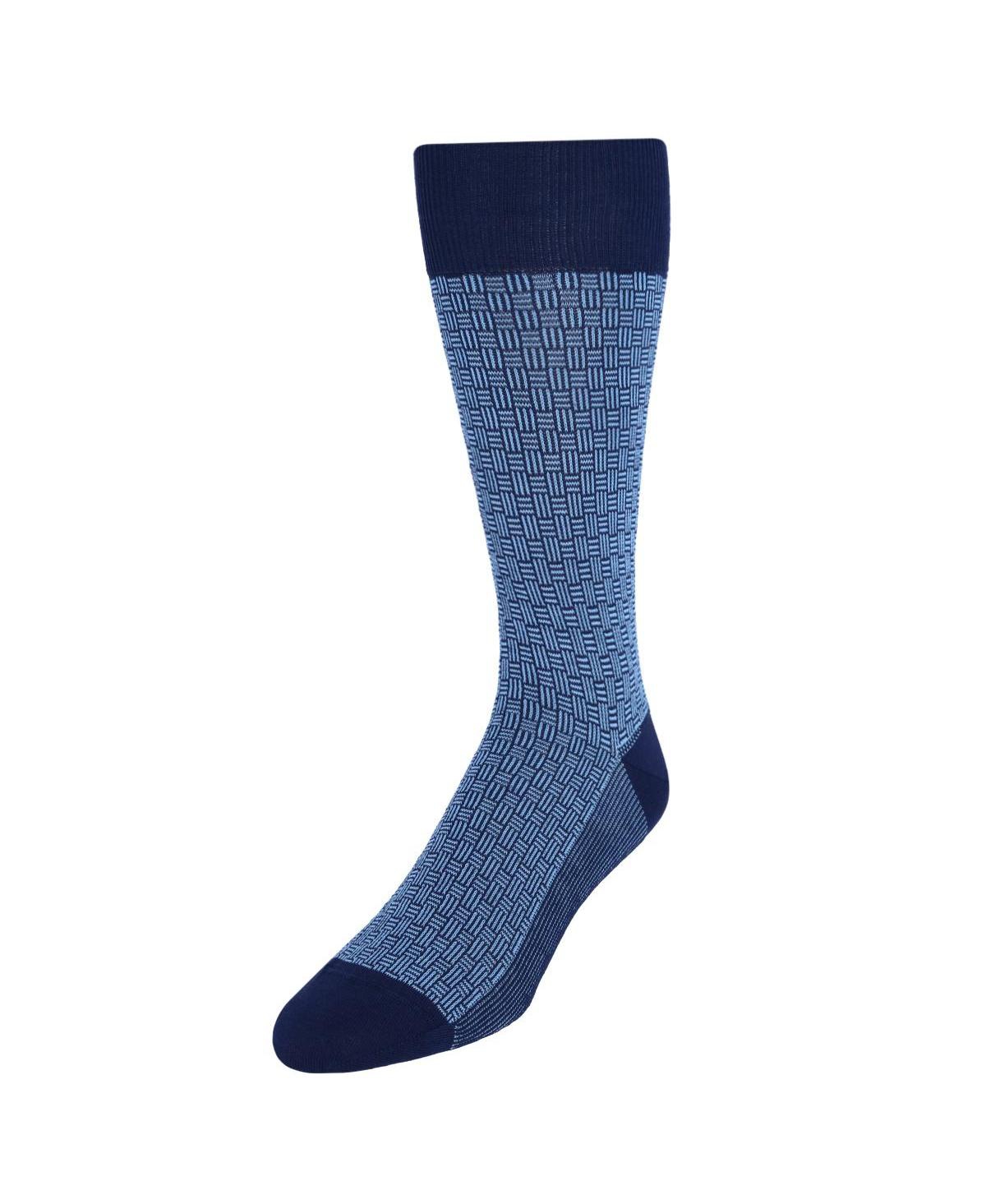Men's Horatio Cross Hatch Design Mid-Calf Mercerized Cotton Socks - Classic navy with sky blue hatch