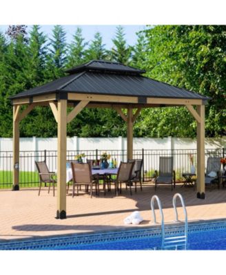 10 x 12 ft Wooden Frame Gazebo with 2-Tier Galvanized Metal Hardtop Roof, Outdoor Patio Gazebo with Charging Socket