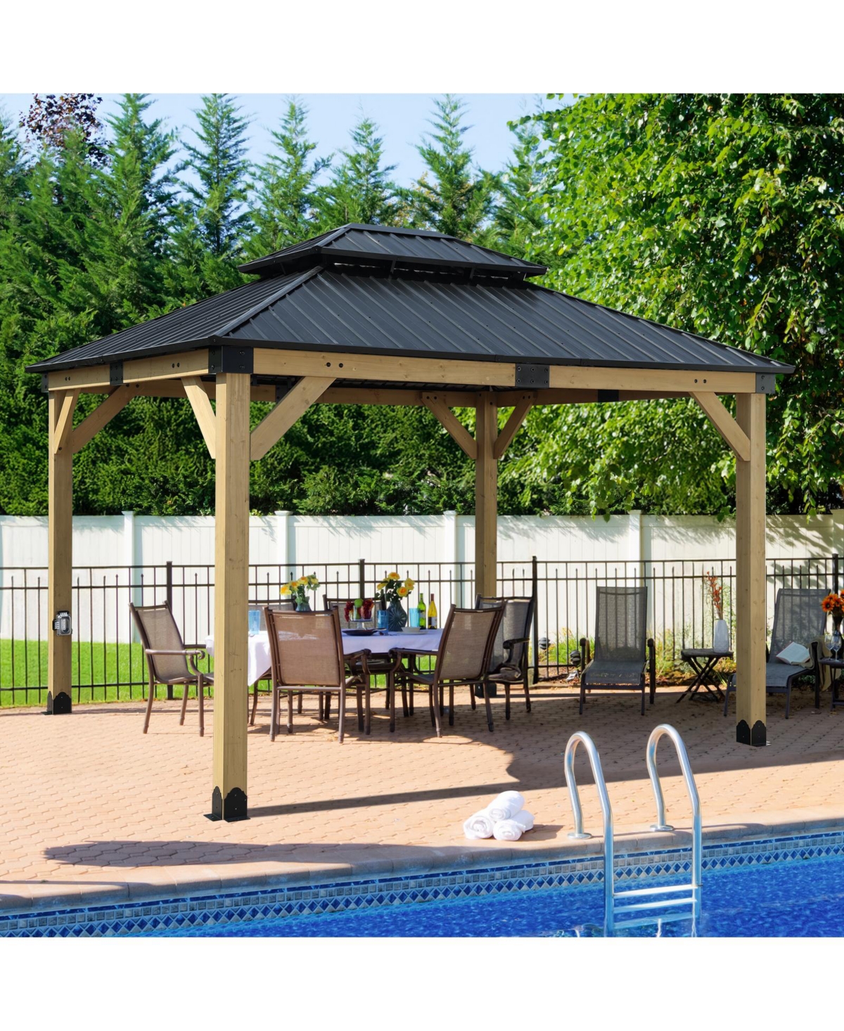 Aoodor 10 x 12 ft Wooden Frame Gazebo with 2-Tier Galvanized Metal Hardtop Roof, Outdoor Patio Gazebo with Charging Socket