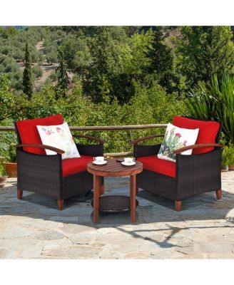 3PCS Patio Wicker Rattan Conversation Set Outdoor Furniture Set w/ Red Cushion
