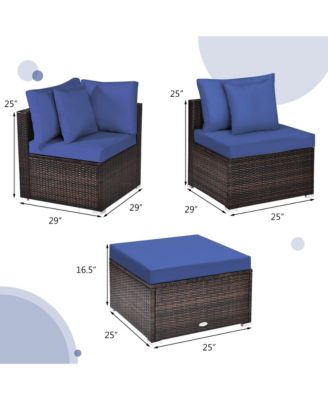 4PCS Rattan Patio Conversation Furniture Set Yard Outdoor w/ Navy Cushion