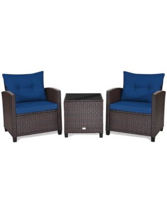 3PCS Outdoor Patio Rattan Conversation Set Garden Yard w/ Navy Cushions