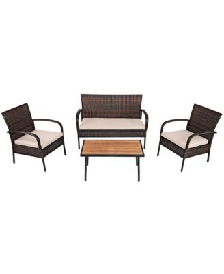 4PCS Cushioned Rattan Patio Conversation Set Outdoor Furniture Set