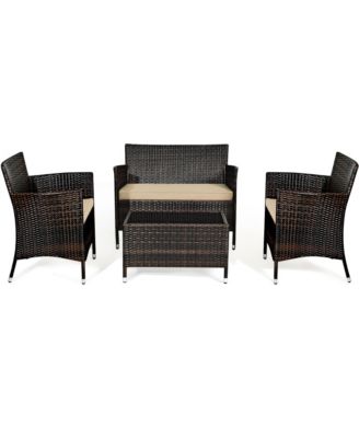 4PCS Patio Rattan Conversation Furniture Set Outdoor w/ Cushion