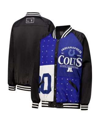 Gameday Couture - Women's Black/Royal Indianapolis Colts Oversized Hot Shot Rhinestone Throwback Full-Snap Varsity Bomber Jacket