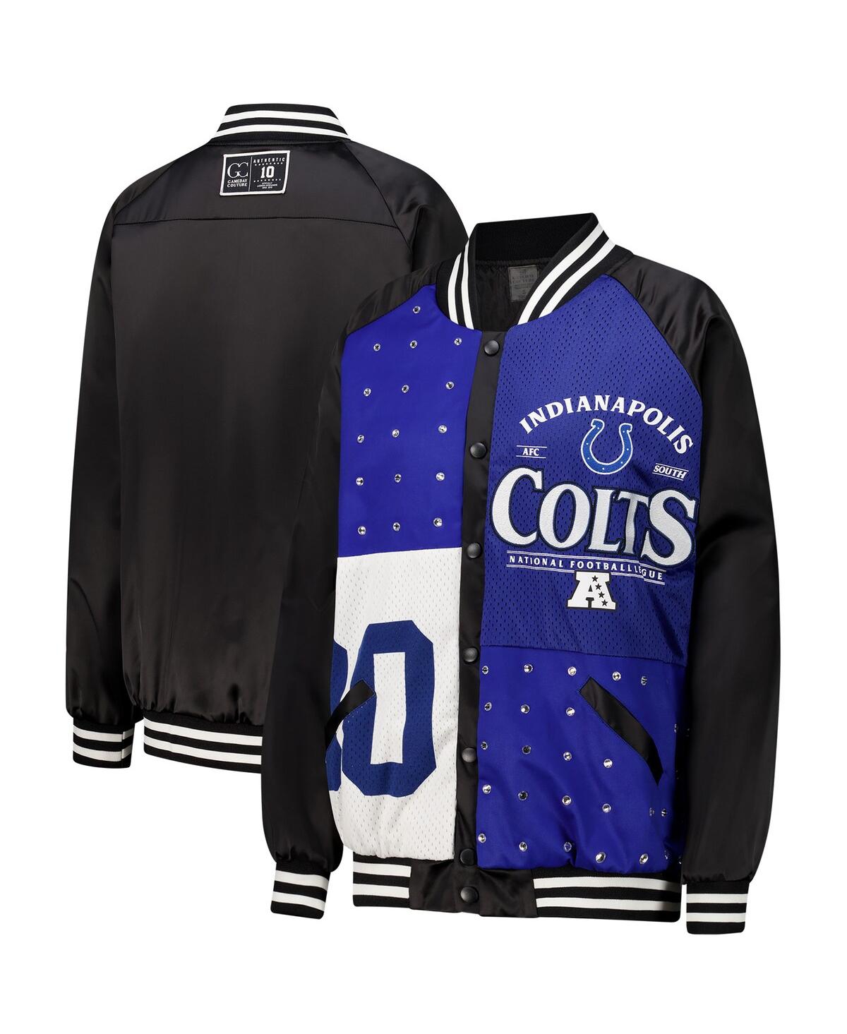 Women's Black/Royal Indianapolis Colts Oversized Hot Shot Rhinestone Throwback Full-Snap Varsity Bomber Jacket - Black, Royal