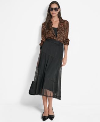 Leopard Print Shirt Mesh Midi Skirt