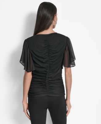 Women's Center-Ruched Flutter-Sleeve Top