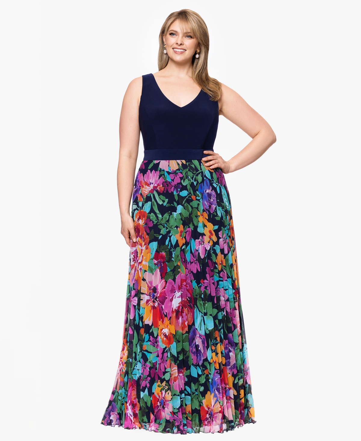 Plus Size V-Neck Sleeveless Printed-Skirt Gown - Navy Multi