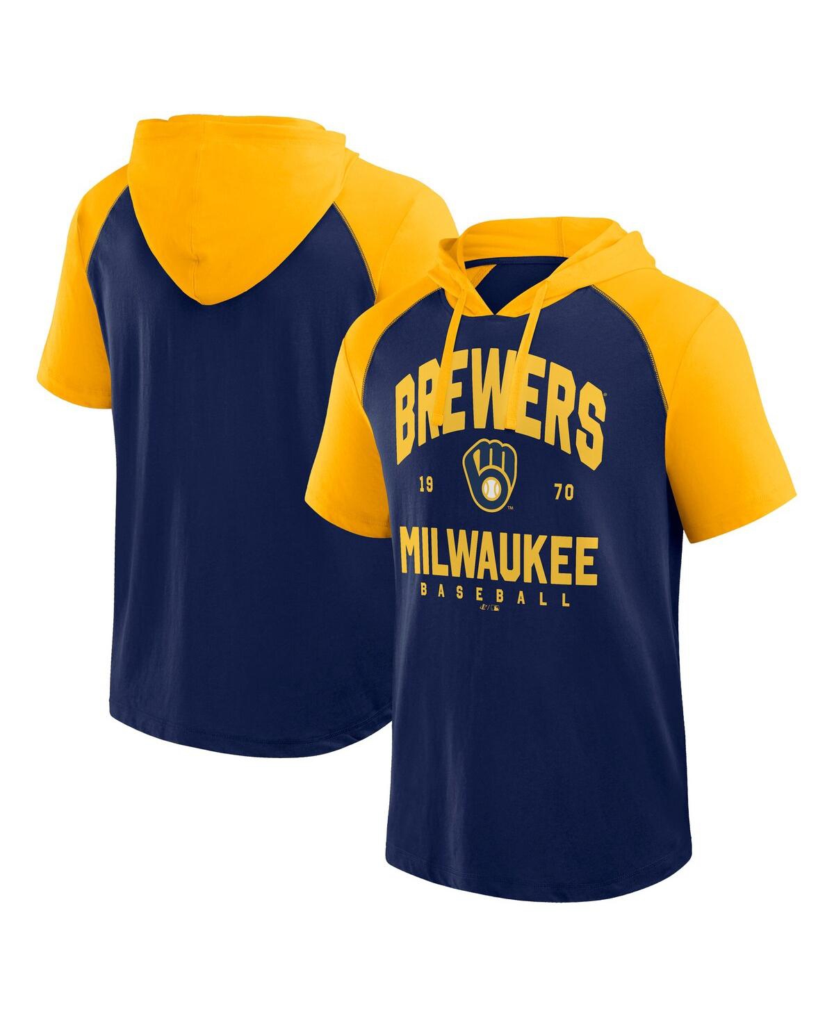 Men'sÂ Fanatics Navy Milwaukee Brewers Prime Raglan Short Sleeve Hoodie T-Shirt - Navy
