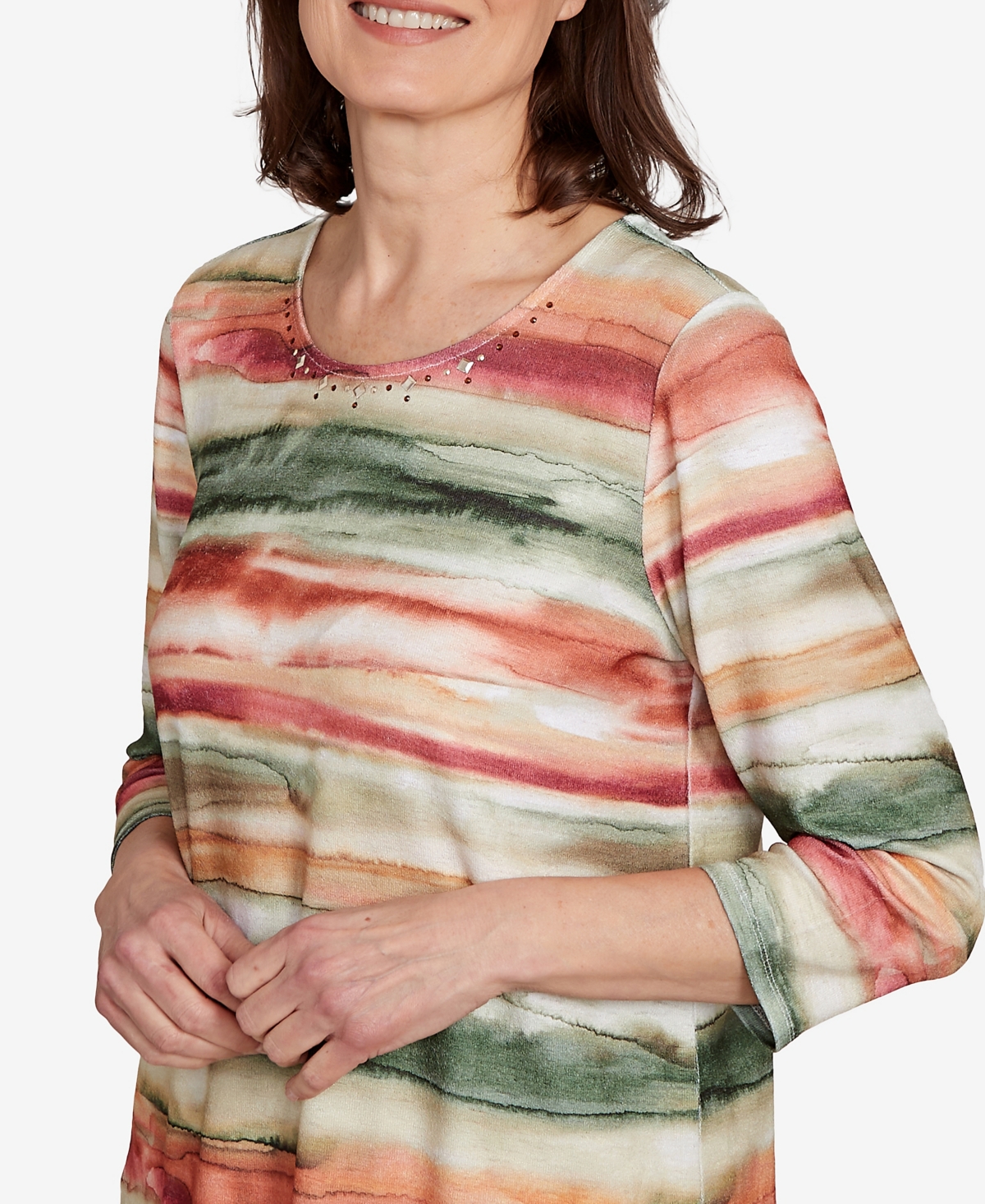 Alfred Dunner Petite Copper Canyon Watercolor Stripe Crew Neck Top In Multi