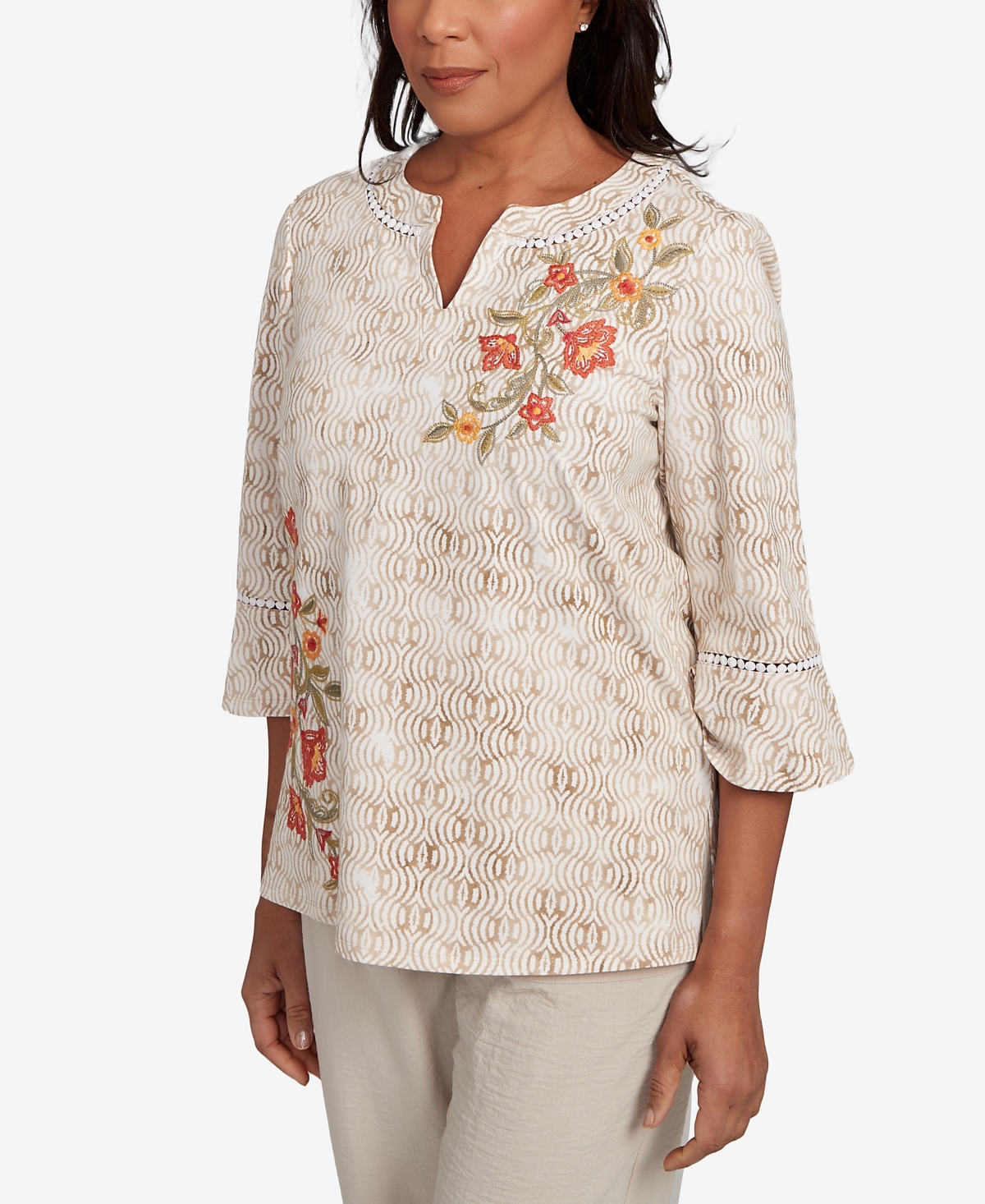 Alfred Dunner Petite Copper Canyon Printed Floral Bell Sleeve Embroidered Top In Nude