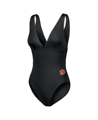 Women's Black Clemson Tigers Palm Modern V-Neck One-Piece Swimsuit