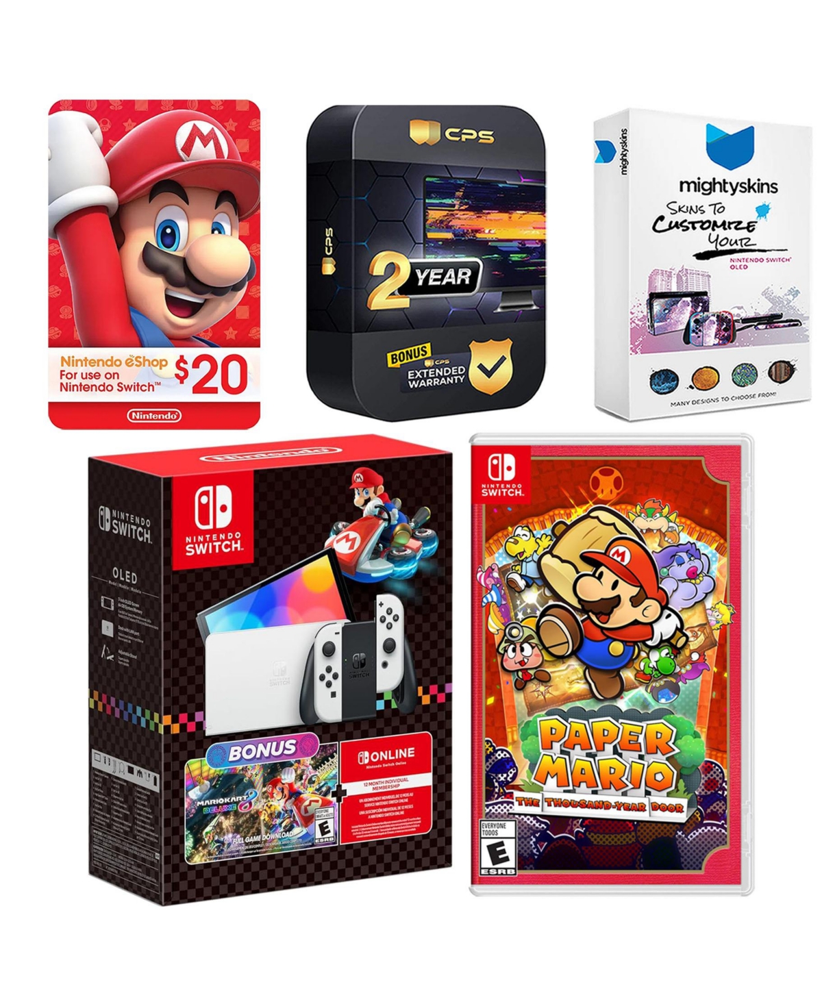 Nintendo Switch Oled Console Mario Kart 8 Bundle with Paper Mario: the Thousand Year Door, Nintendo $20 eShop Gift Card, MightySkins Console and Contr