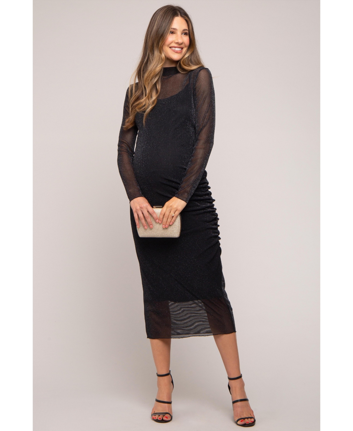 Maternity Black Shimmer Mesh Long Sleeve Ruched Midi Dress - Black