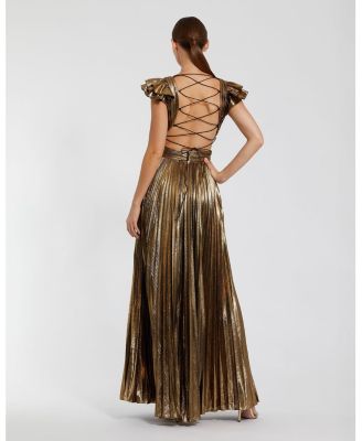 Women's Ruffle Sleeve Cutout Pleated Metallic Gown