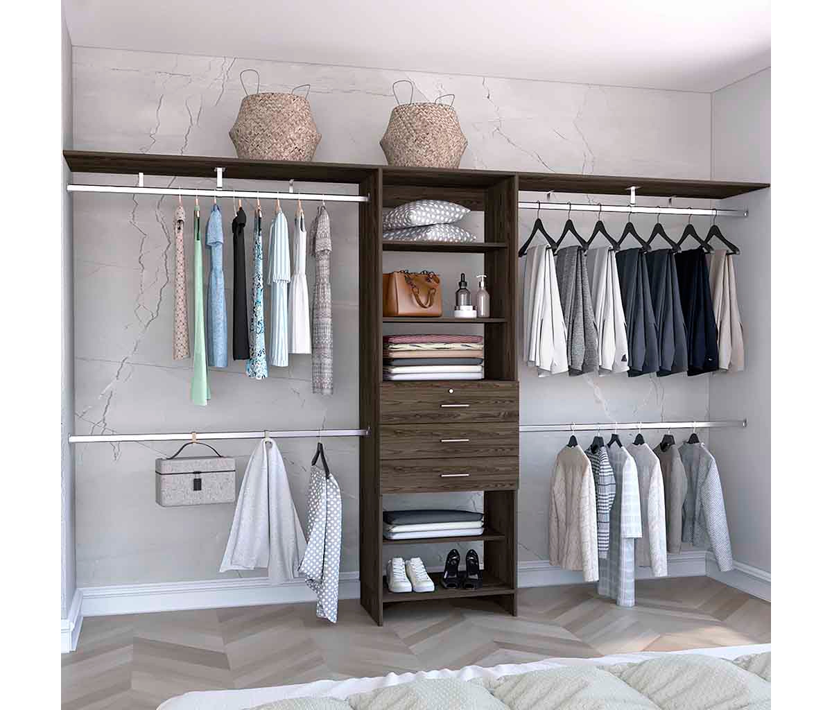 Zamora 69&#x22;W - 118&#x22;W Closet System with Four Hanging Rods, Three Drawers, and Five Shelves, Dark Walnut - Dark walnut