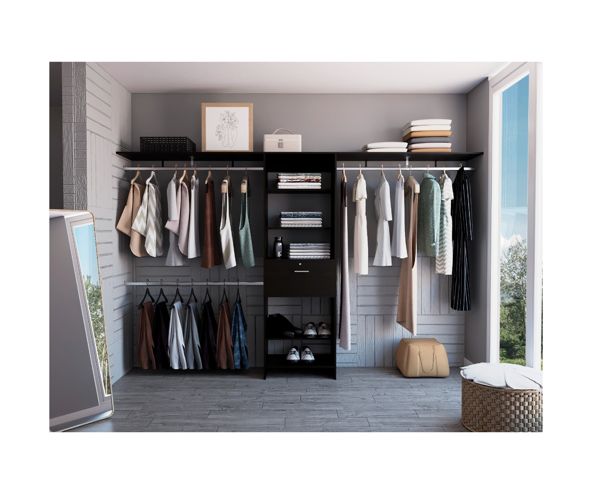Zamora 70&#x22;W - 118&#x22;W Closet System, Three Hanging Rods, Five Shelves, One Drawer, Black - Black