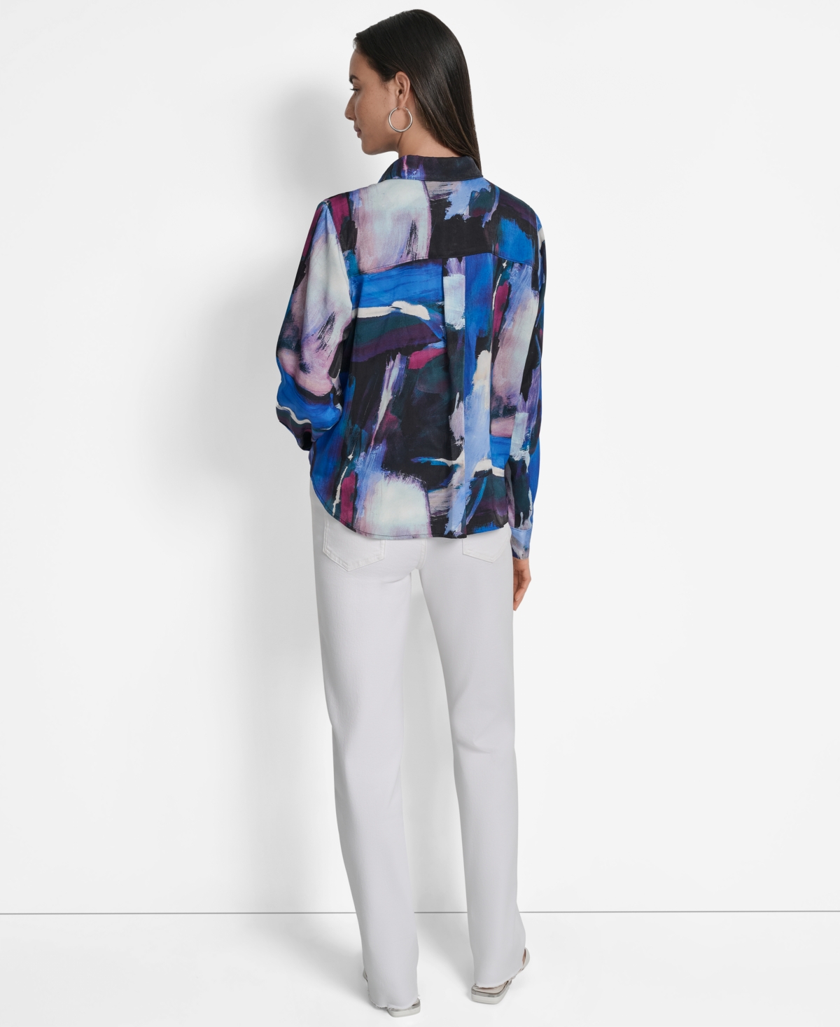 Dkny Printed Satin Button-up Shirt In Blue