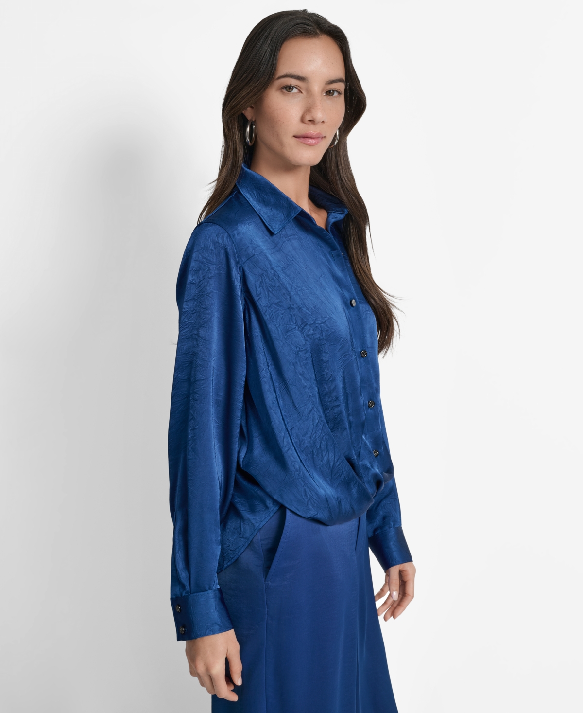 Dkny Twist Front Crinkle Satin Shirt In Blue
