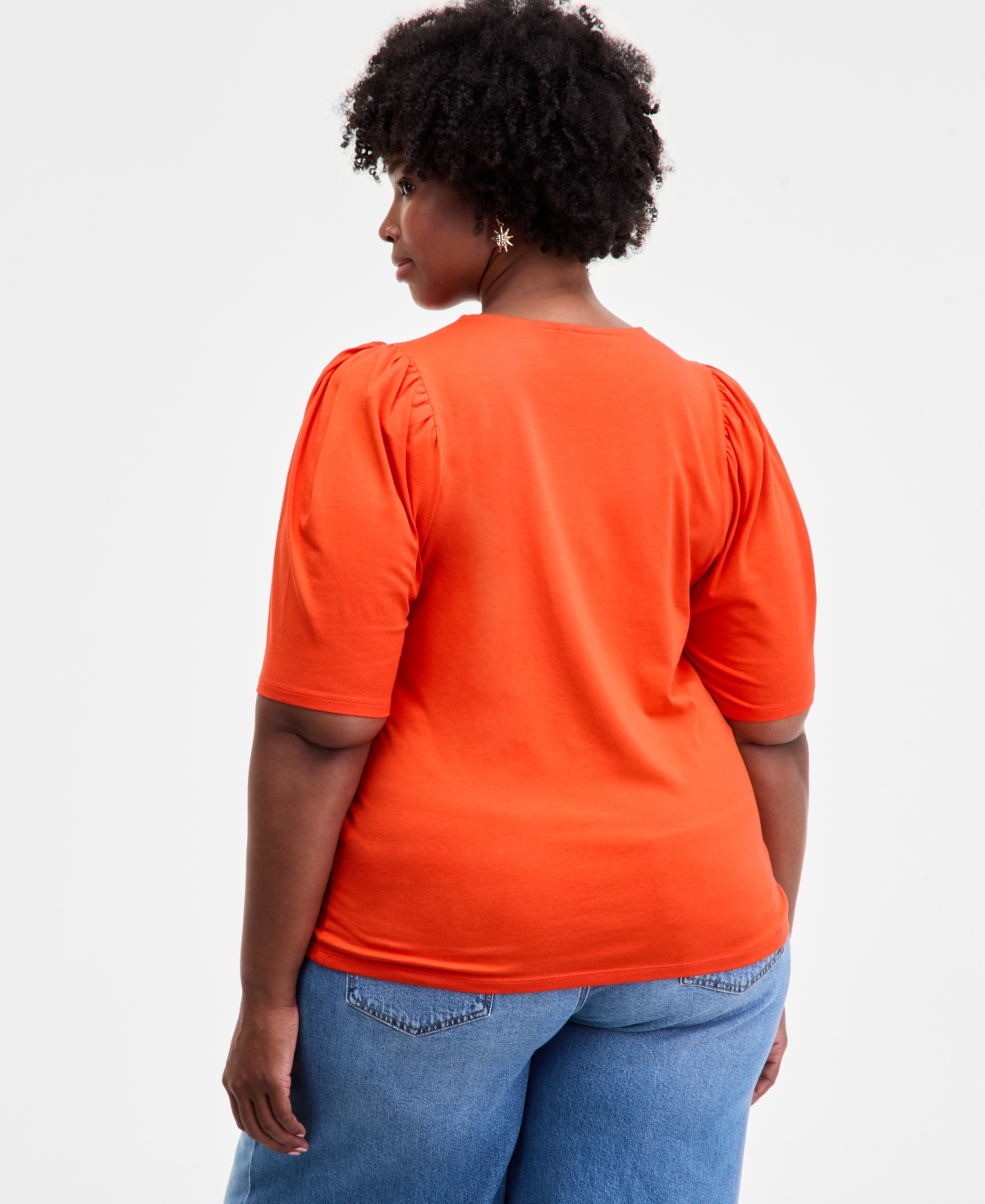 On 34th Trendy Plus Printed Ruched Puff-sleeve Crewneck Top, Macy's Exclusive In Orange