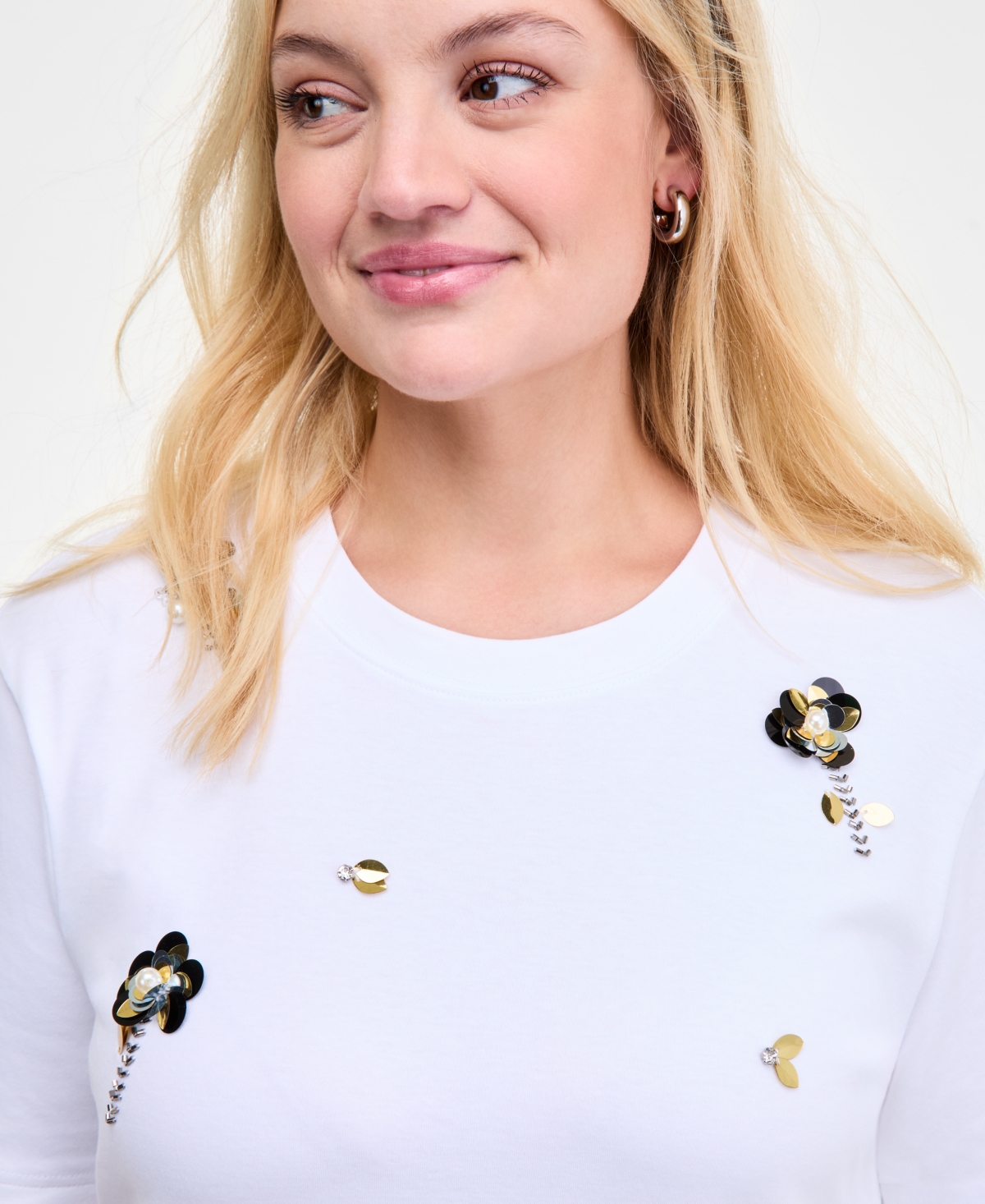On 34th Trendy Plus Cotton Embellished Crewneck Tee, Macy's Exclusive In White