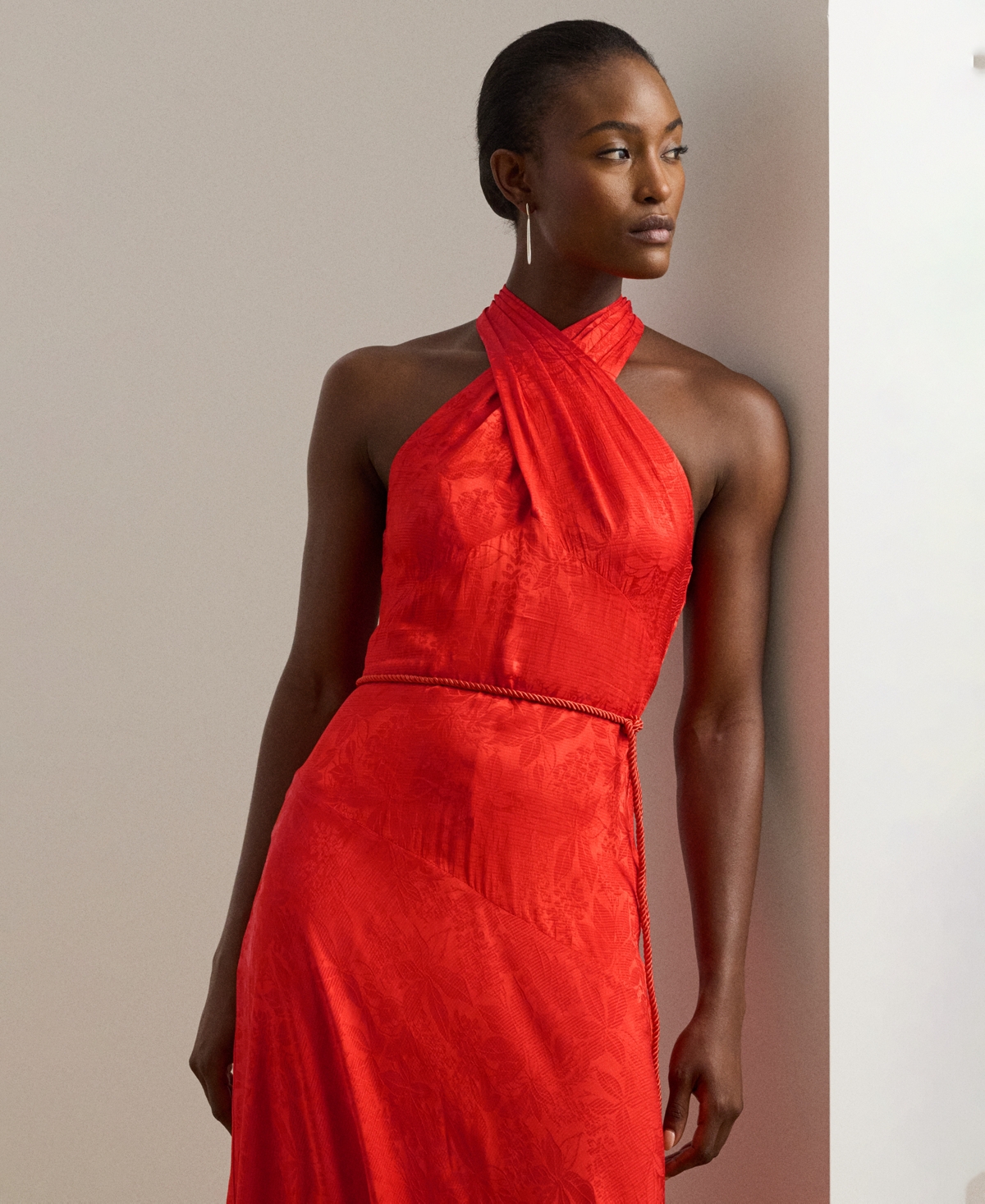 Ralph Lauren Women's Belted Floral Jacquard Halter Gown In Red