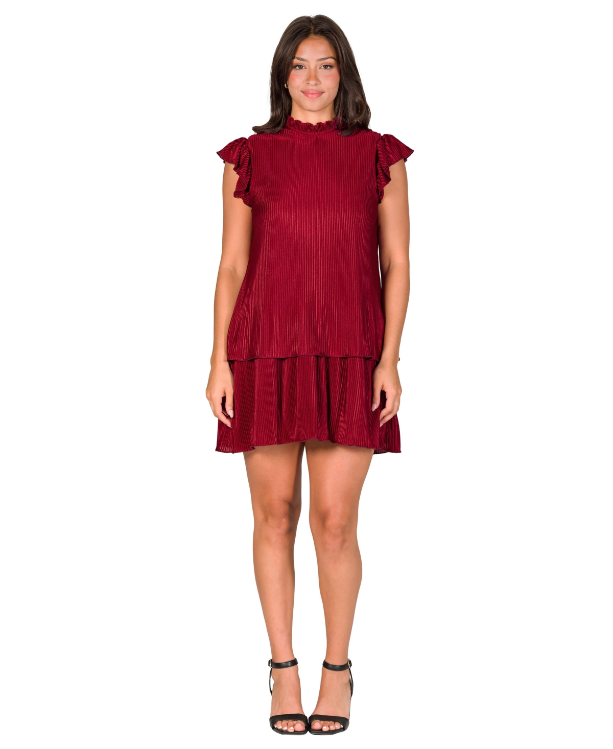 Petite Ruffle Cap Sleeve Pleated Tiered Mini Dress - Black