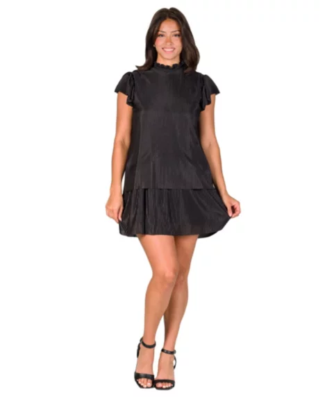 Petite Ruffle Cap Sleeve Pleated Tiered Mini Dress - Black