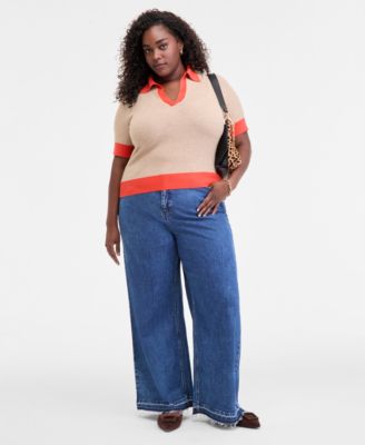 Trendy Plus Size Collared Contrast-Trim Sweater, Macy's Exclusive
