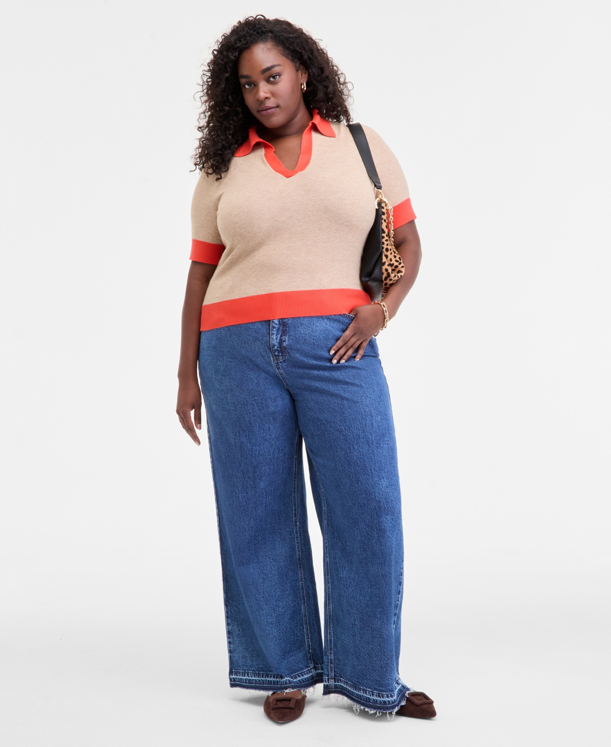 On 34th Trendy Plus Size Collared Contrast-trim Sweater, Macy's Exclusive In Orange