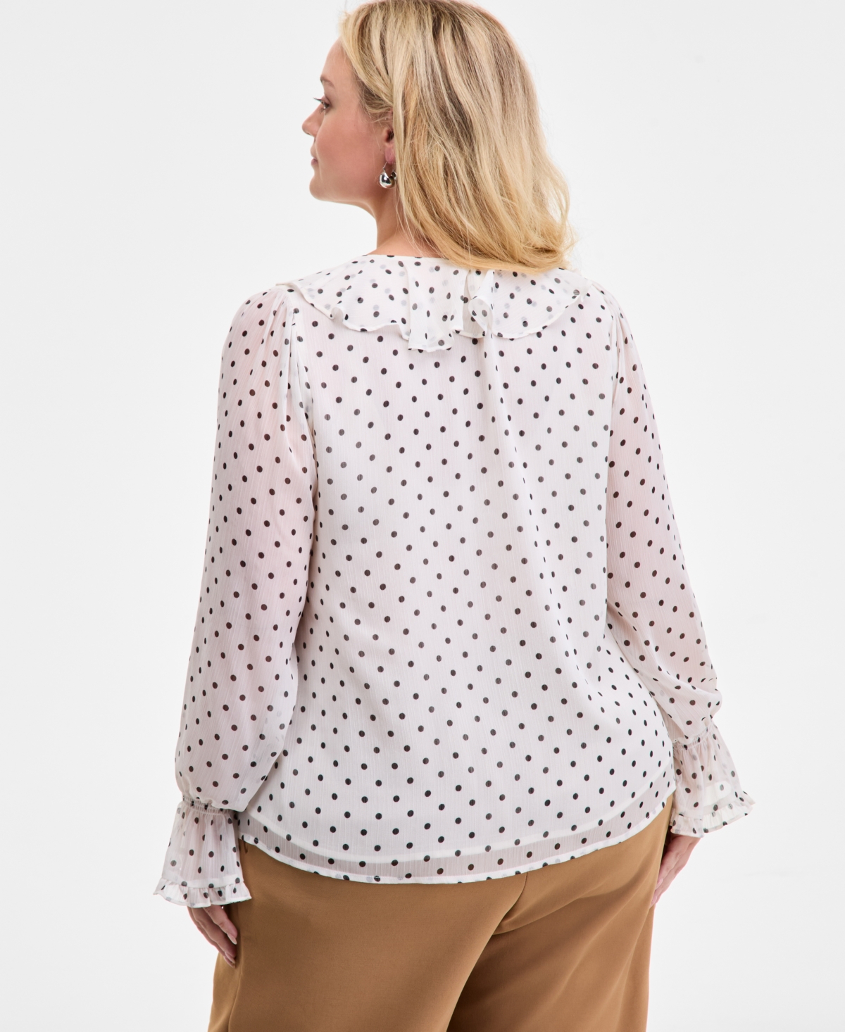 On 34th Trendy Plus Dot Print Long Sleeve Blouse Pleat Front Wide Leg Pants Macys Exclusive In White
