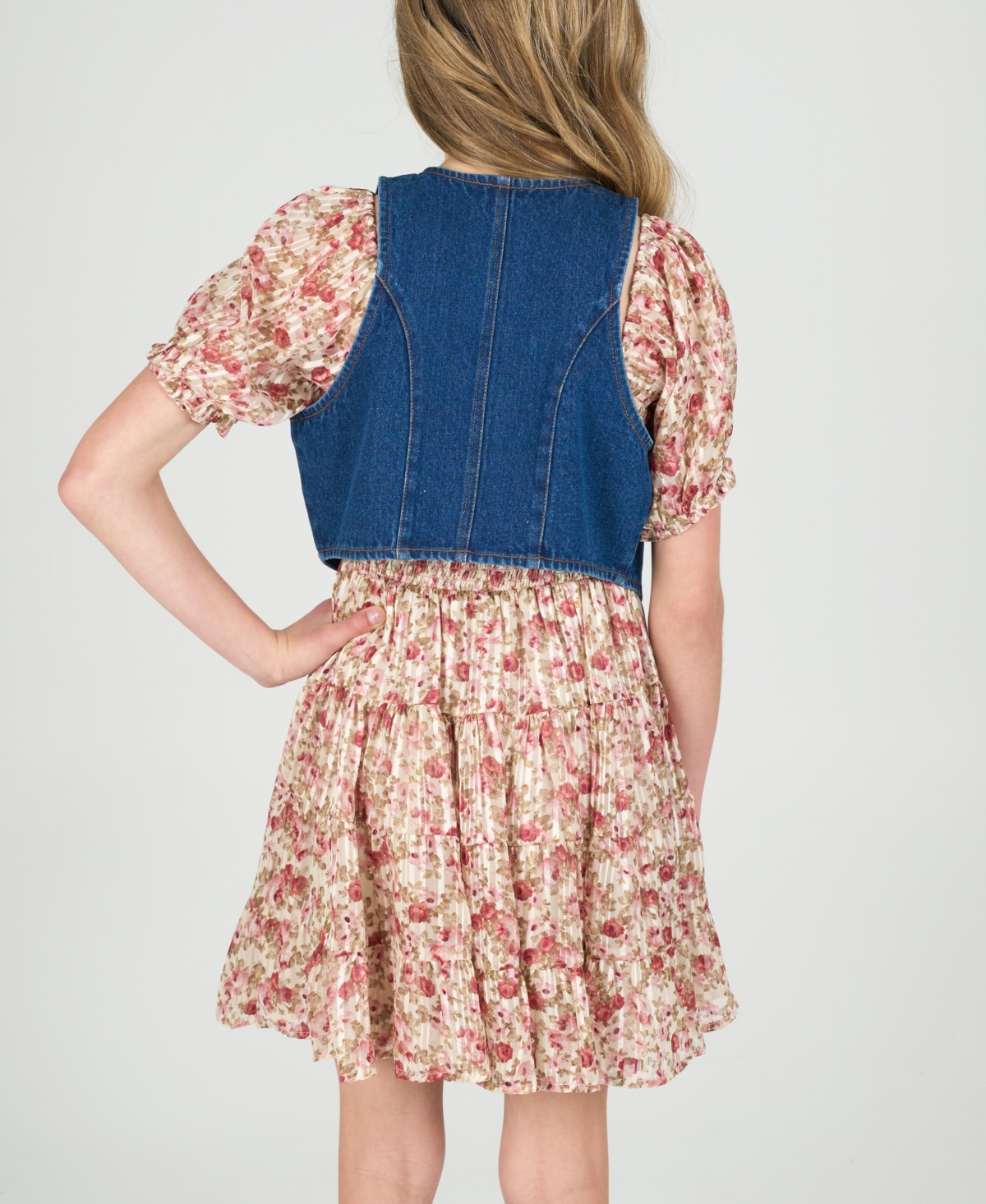 Rare Editions Big Girls 2-piece Lurex Chiffon With Denim Vest And Dress Set In Brown