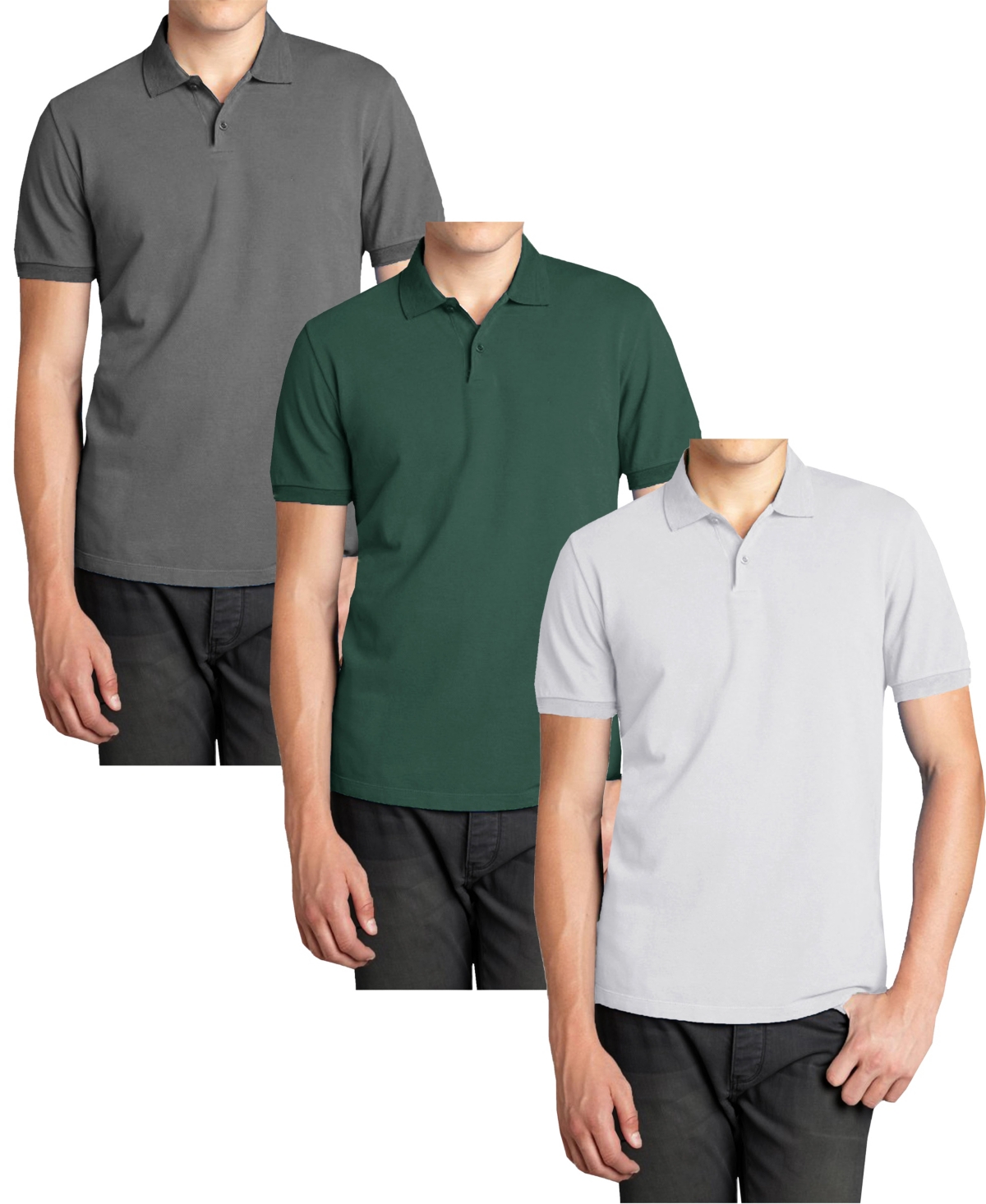 Men's 3-Pack Polo Avenue Short Sleeve Pique Polo Shirt - Charcoal, Heather gray, White