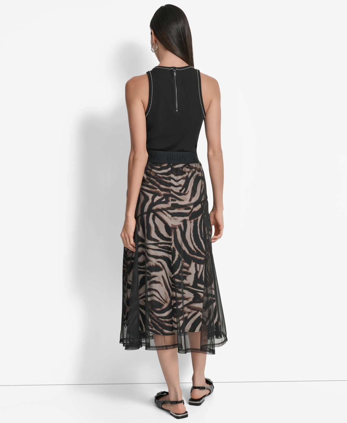 Dkny Zebra Stripe Layered Mesh A-line Skirt In Black